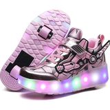 Luckie Parlak Yüzeyli Şarj Edilebilir LED Işıklı Düğmeli Çıkarılabilir Tekerlekli Çocuk Paten Ayakkabısı - Koyu Pembe - 31