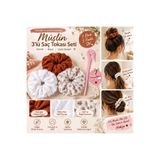 LUCKKA 3’lü Müslin Scrunchie Saç Tokası Seti Kiremit Beyaz Çiçekli – Lastikli Simit Toka