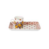 Lucky Art Eliana Bone China Porselen Karışık Desenli Tek Kişilik Tepsili Kahve Fincanı Seti