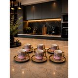 Lucky Clover Lüks Porselen Türk Kahvesi Fincan Takımı 6 Kişilik Gold Detaylı Modern Kahve Seti - Pembe