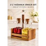 Lucky Love 2'li Borosilikat Yağdanlık Ahşap Standlı Akasya 2'li Yağdanlık Sirkelik Seti - Bej