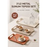 Lucky Love 3’lü Metal Sunum Tepsisi Seti Kulplu Servis Tepsisi Kahve Ikram ve Dekoratif Tepsi - 3 Adet