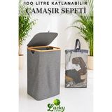 Lucky Love Bambu Kenarlı Lüks Kumaş Katlanabilir 100 Lt Çamaşır Sepeti 44X33X70 - Antrasit