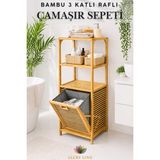 Lucky Love Bambu Lüks Çamaşır Sepetli 3 Raflı Doğal Ahşap Bambu Banyo Rafı Banyo Düzenleyici Kirli Sepeti