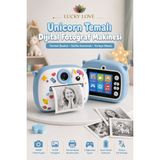 Lucky Love Unicorn Temalı Çocuk Dijital Fotoğraf Makinesi Termal Baskılı Kamera Selfie Kameralı Türkçe Menü - Mavi