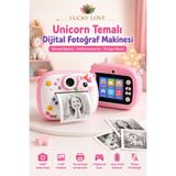 Lucky Love Unicorn Temalı Çocuk Dijital Fotoğraf Makinesi Termal Baskılı Kamera Selfie Kameralı Türkçe Menü - Pembe