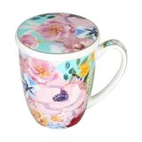 LuckyArt Peony Desenli Bone China Porselen Kapaklı ve Süzegçli Kupa 570 ml - Pembe - Renkli