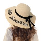 LUCSIS Kadın Hasır Güneş Plaj Şapkası Disket Geniş Kenarlı Katlanabilir Paketlenebilir Seyahat Tropikal Tatil Yaz UV Şapka, Bej/Hello Sunshine, M-XL