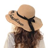 LUCSIS Kadın Hasır Güneş Plaj Şapkası Disket Geniş Kenarlı Katlanabilir Paketlenebilir Seyahat Tropikal Tatil Yaz UV Şapka, Haki/Hello Sunshine, M-XL