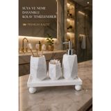 lufen deco Mermer Desenli Banyo Tezgah Üstü Düzenleyici 3 Parça Aksesuar Seti Sıvı Sabunluk Diş Fırçalık Ayaklı Sunum Tepsisi