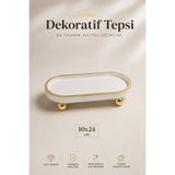 lufen deco Mermer Desenli Dekoratif Tepsi 10x24 cm Gold Detaylı Ayaklı Sunum Tepsisi Takı Parfüm Kozmetik mumluk Düzenleyici