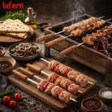 Lufern Isı Yalıtımlı Doğal Ahşap Saplı Tavuk Şişi Dar Yassı Metal Mangal Ateş Kanat Sucuk Ergonomik 50 cm