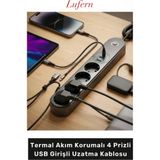Lufern Yüksek Güç Kapasiteli Termal Akım Korumalı 4 Prizli USB Girişli Uzatma Kablosu Type-C 2500 Watt - Siyah
