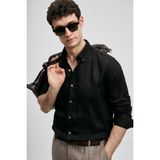 Lufian Erkek Siyah Comfort Fit Keten Gömlek Casual Stil Uzun Kollu Düz Desensiz - XL