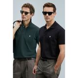 Lufian Logolu Pamuklu Comfort Fit Düğmeli Polo Yaka 2'li T Shirt Erkek T Shirt 111040206S2 - Siyah - Haki