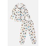 Luggi Baby 2 - 8 Yaş Astronot Desenli Önden Düğmeli Erkek Çocuk Pijama Takımı LG-8181 - Ekru - 3 - 4 Yaş
