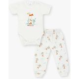 Luggi Baby Bisiklet Yaka Kısa Kollu Baskılı Kız Bebek Çıtçıtlı Body ve Pantolon 2'li Takım - 18 - 24 Ay - Ekru