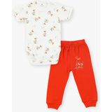 Luggi Baby Bisiklet Yaka Kısa Kollu Baskılı Kız Bebek Çıtçıtlı Body ve Pantolon 2'li Takım - 6 - 9 Ay - Ekru
