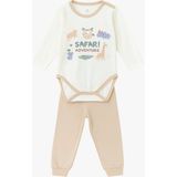 Luggi Baby Bisiklet Yaka Uzun Kollu Baskılı Erkek Bebek Çıtçıtlı Body ve Pantolon 2'li Takım - 18 - 24 Ay - Ekru