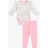 Luggi Baby Bisiklet Yaka Uzun Kollu Baskılı Kız Bebek Çıtçıtlı Body ve Pantolon 2'li Takım - 0 - 3 Ay - Pembe