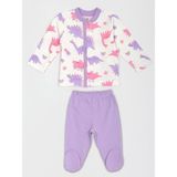 Luggi Baby Uzun Kollu Desenli Kız Bebek Takımı 0-6 Ay - Ekru - Lila - Yenidoğan