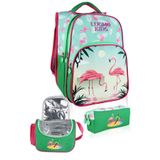Lugmo Flamingo 3 Lü İlkokul Çanta Seti Kız Çocuk Çantası Astarlı Pedli Yeşil-Pembe