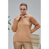 Lugmo Kadın Polo Yaka Oversize Çiçek Nakışlı Triko Kazak Vizon - Çok Renkli - Standart