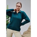 Lugmo Kadın Polo Yaka Oversize Çizgili 4 Düğmeli Triko Kazak Yeşil - Çok Renkli - Standart