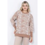 Lugmo Kadın Triko Kazak Bisiklet Yaka Zebra Desenli Oversize Yırtmaçlı Vizon Beyaz - Çok Renkli - Standart