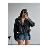 Lui Fashion Kemerli Oversize Deri Biker Ceket