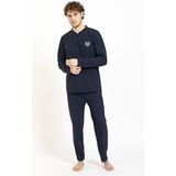 Lukitus Erkek Pamuklu Pijama Takımı Relaxed Siluette Düz Desenli Büyük Beden - Mavi - 3XL