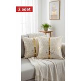 Lüks 2'li Kadife Kırlent Kılıfı Seti - 40X40 cm Altın Şeritli Dekoratif Yastık Kılıf Varaklı - 40 x 40 cm - Beyaz