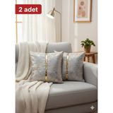 Lüks 2'li Kadife Kırlent Kılıfı Seti - 40X40 cm Altın Şeritli Dekoratif Yastık Kılıf Varaklı - 40 x 40 cm - Gri