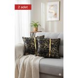Lüks 2'li Kadife Kırlent Kılıfı Seti - 40X40 cm Altın Şeritli Dekoratif Yastık Kılıf Varaklı - 40 x 40 cm - Siyah
