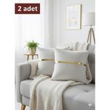Lüks 2'li Kadife Kırlent Kılıfı Seti - 40X40 cm Altın Şeritli Dekoratif Yastık Kılıfı - Beyaz - 40 x 40