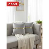 Lüks 2'li Kadife Kırlent Kılıfı Seti - 40X40 cm Altın Şeritli Dekoratif Yastık Kılıfı - Gri - 40 x 40