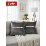 Lüks 2'li Kadife Kırlent Kılıfı Seti - 40X40 cm Altın Şeritli Dekoratif Yastık Kılıfı - Koyu Gri - 40 x 40