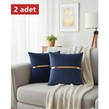 Lüks 2'li Kadife Kırlent Kılıfı Seti - 40X40 cm Altın Şeritli Dekoratif Yastık Kılıfı - Lacivert - 40 x 40