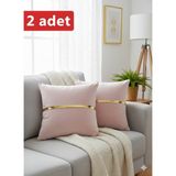 Lüks 2'li Kadife Kırlent Kılıfı Seti - 40X40 cm Altın Şeritli Dekoratif Yastık Kılıfı - Pudra - 40 x 40