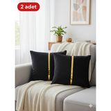 Lüks 2'li Kadife Kırlent Kılıfı Seti - 40X40 cm Altın Şeritli Dekoratif Yastık Kılıfı - Siyah - 40 x 40