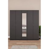 Lüks 5 Kapaklı Çekmeceli Gardırop %100 Mdf Askılı Aynalı Düzenleyici Elbise Dolabı G-04 Antrasit