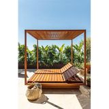 Lüks Ahşap Pergola Daybed Seti, Havuz Kenarı Kapalı Yatak, Beyaz Perde, Tik Ağacı Çerçeve, Dış Mekan Mobilya