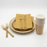 Lüks Altın Renk Kullan At Set Karton Tabak-Karton Bardak-Kağıt Peçete-Plastik Çatal-Bıçak Seti 80 Parça