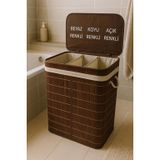 Lüks Bambu 3 Bölmeli Çamaşır Kirli Sepeti 52X32X60CM Büyük Boy 100 Lt (Kahverengi)