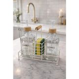 Lüks Bambu Kulplu Beyaz Metal Stantlı İkili Cam Sıvı Sabunluk 500 ml, 23x9x23,5 cm