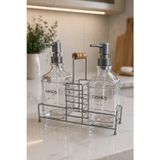 Lüks Bambu Kulplu Gri Metal Stantlı İkili Cam Sıvı Sabunluk 500 ml, 23x9x23,5 cm