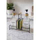 Lüks Bambu Kulplu Siyah Metal Stantlı İkili Cam Sıvı Sabunluk 500 ml, 23x9x23,5 cm