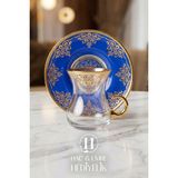 Lüks Çay Bardak Seti | 6 Kişilik Çay Takımı | Gold Işlemeli Lüks Çay Takımı | Kulplu Çay Bardağı Takımı - Mavi