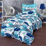 Lüks Dayanıklı Pamuklu Tek Kişilik Nevresim Takımı Çocuk Desen + Lastikli Çarşaf +1 Adet Yastık kılıflı - Beyaz - Mavi - 160 x 220 cm