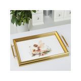 Lüks Gold Çerçeveli Servis Tepsisi, Peri İllüstrasyonlu, Dikdörtgen, Kulplu, Çay ve Kahve Sunumu için, 50x31cm
